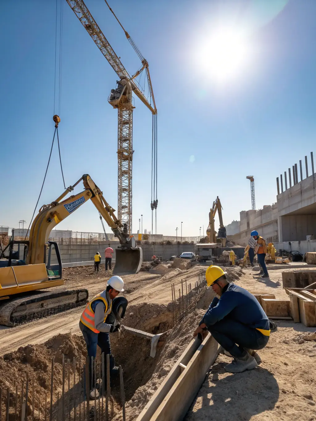 A construction site with heavy machinery and workers building a modern skyscraper, symbolizing Planvist Projects Inc.'s involvement in large-scale construction projects.