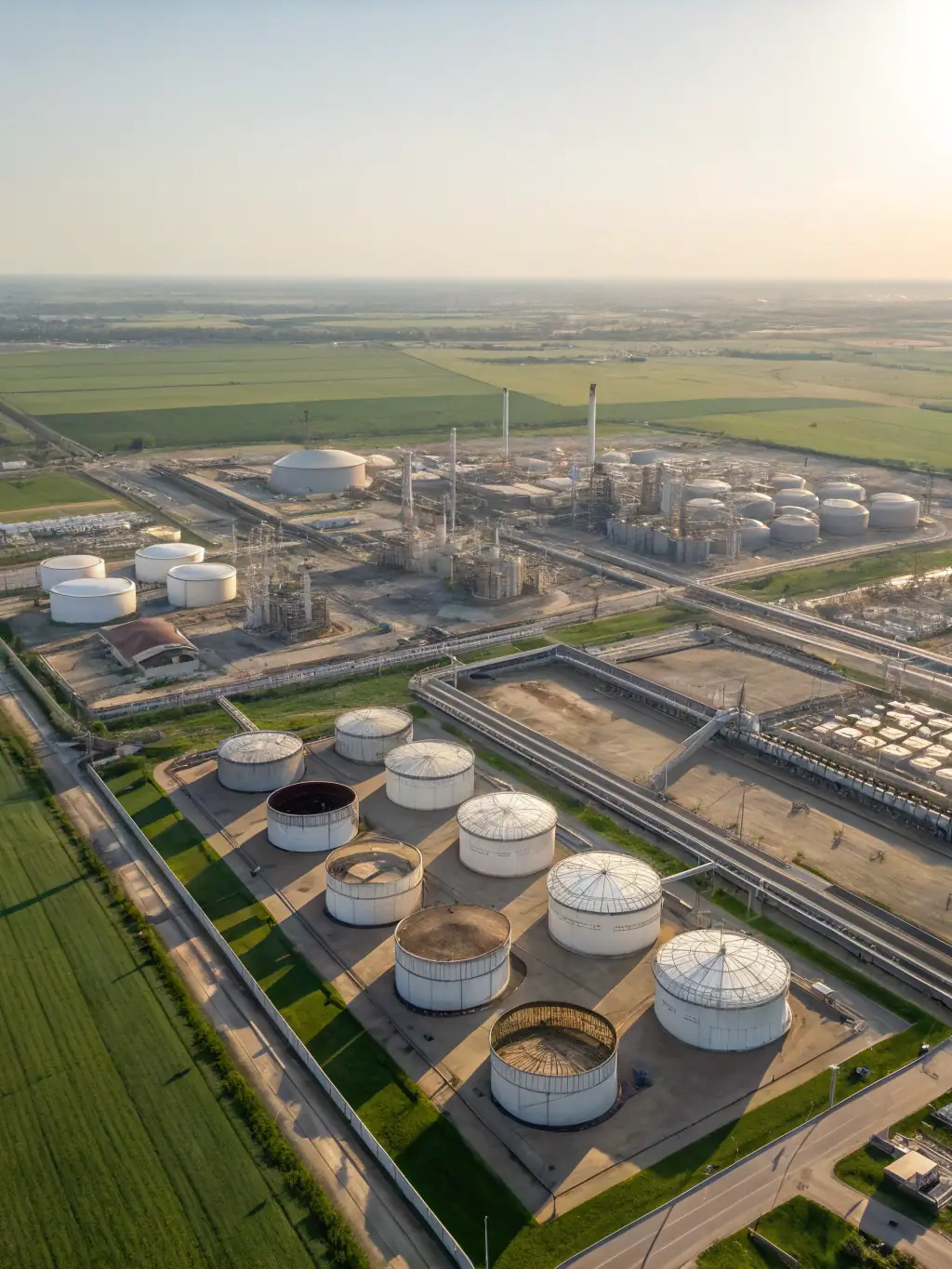 A detailed photograph of an oil refinery at sunset, showcasing complex piping and industrial infrastructure, representing Planvist Projects Inc.'s expertise in the oil & gas sector.