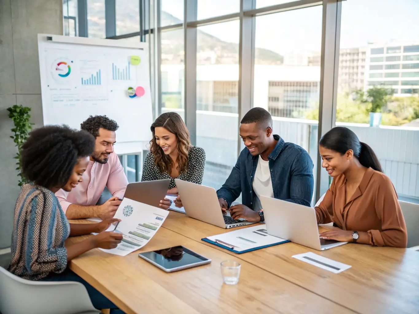 An image depicting a diverse team of project managers collaborating in a modern office setting, reviewing project timelines and discussing strategies. The atmosphere is professional and focused, highlighting teamwork and expertise.