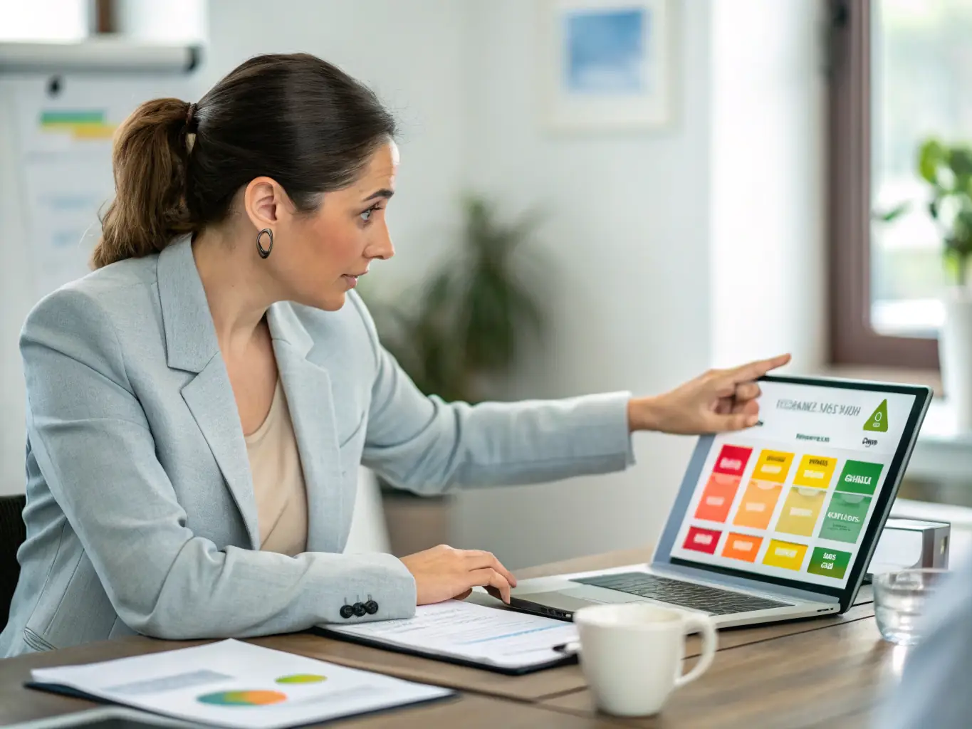 An image of a project manager presenting a project status update to stakeholders in a boardroom, using charts and graphs to illustrate progress and key performance indicators. The setting is professional and transparent.