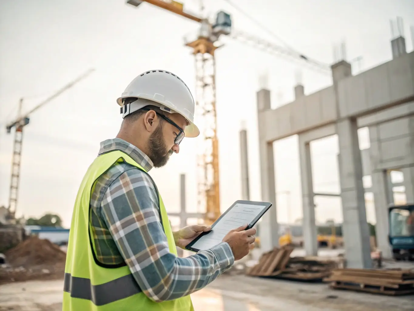 An image showing a construction site with project managers overseeing the progress, using tablets and communication devices to coordinate activities. The scene emphasizes organization and control.