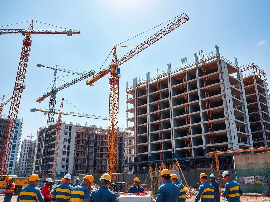 A modern construction site with high-rise buildings under development, illustrating the precision and coordination required in construction project management.