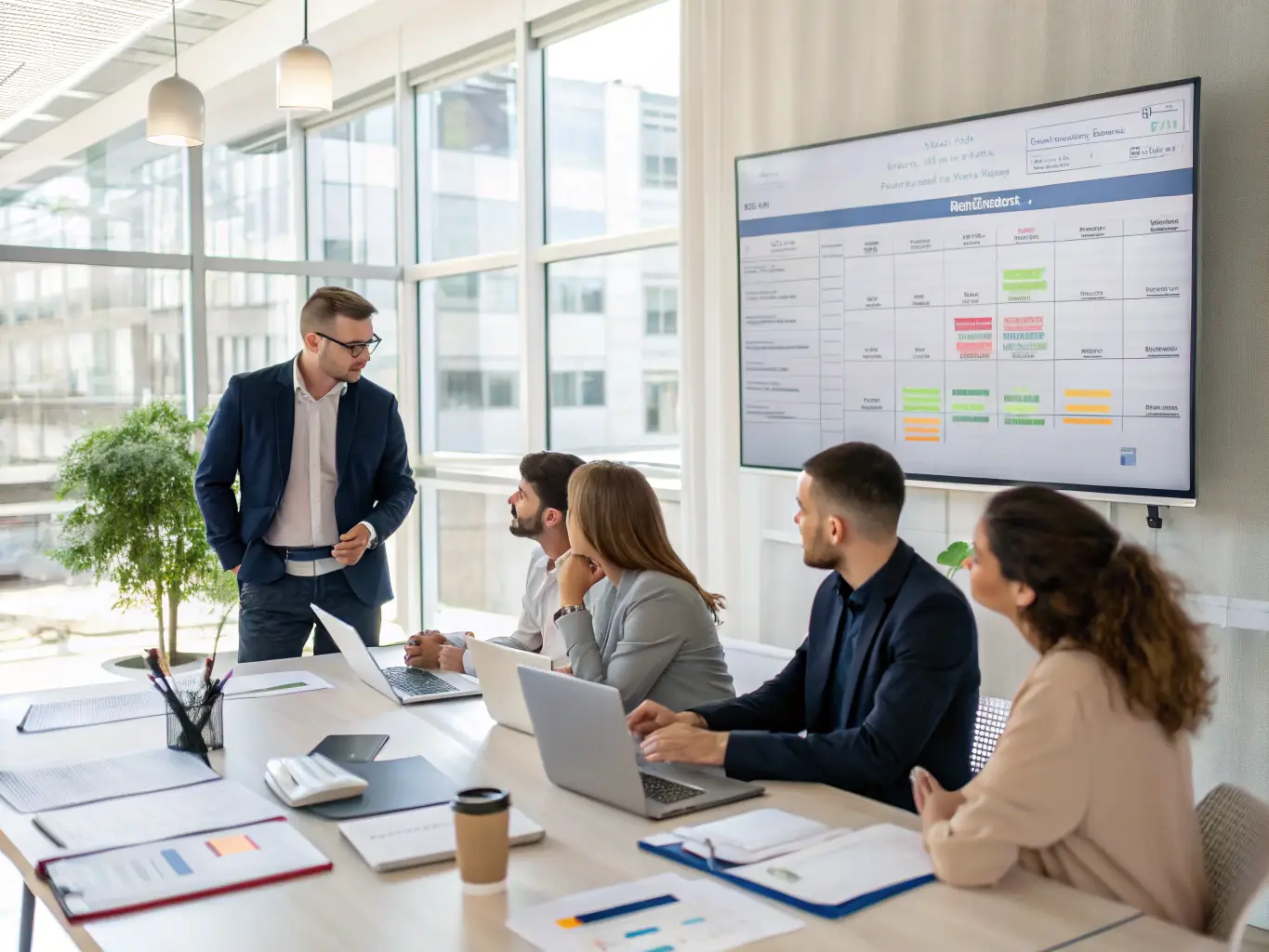 A project manager leading a meeting in a modern office setting, discussing project timelines and milestones with team members.