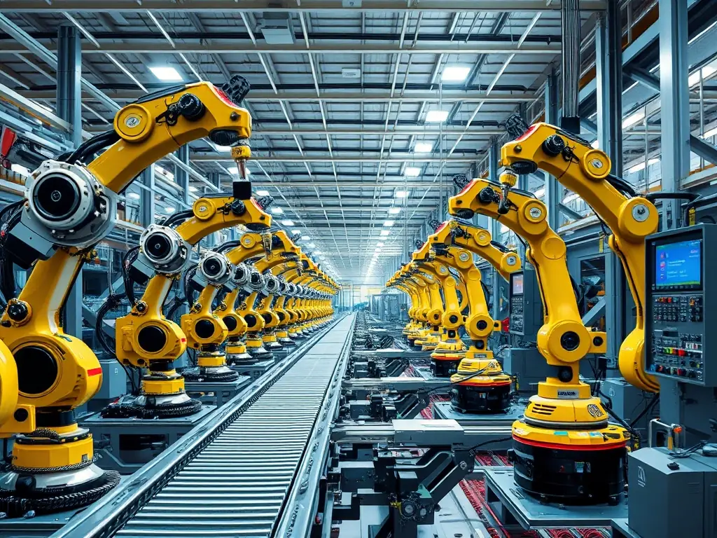 A high-tech manufacturing plant with robotic arms assembling products, highlighting the efficiency and innovation in manufacturing project management.