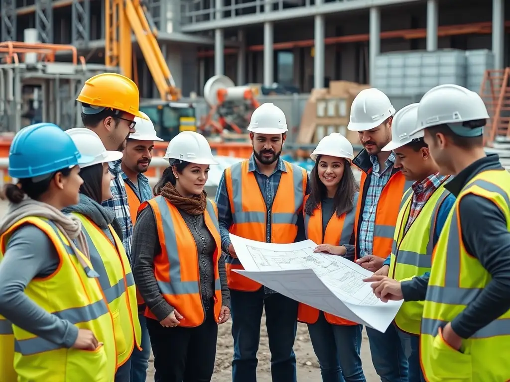 A diverse team of project managers in hard hats reviewing blueprints at an oil & gas construction site, emphasizing collaboration and expertise.