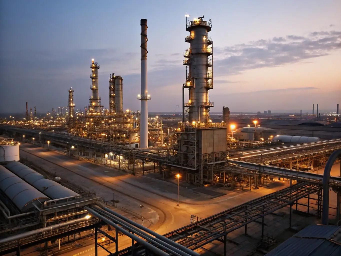 An oil refinery at sunset, with pipelines and storage tanks visible, representing project management in the oil & gas industry.