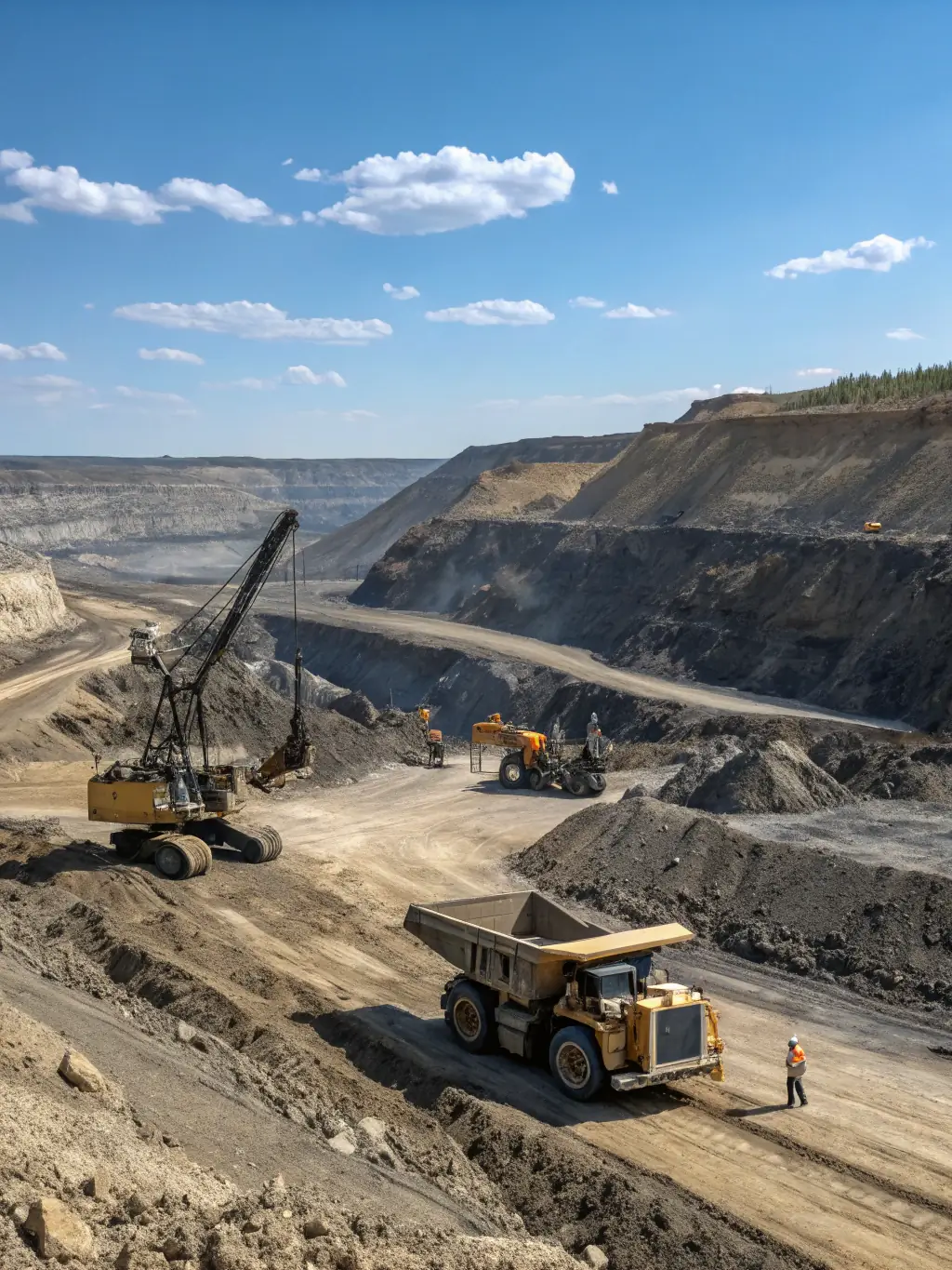 A photograph of a bustling oil and gas extraction site in northern Alberta, showcasing heavy machinery, pipelines, and workers in safety gear, under a clear blue sky. This image represents Planvist Projects Inc.'s expertise in managing complex oil & gas projects.