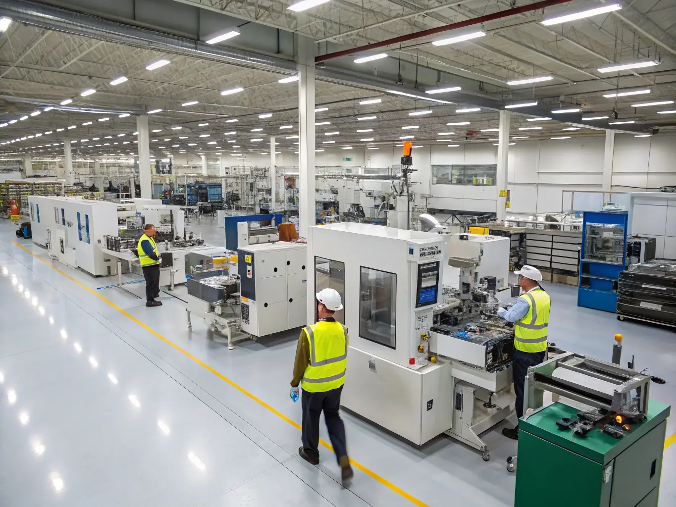 A modern manufacturing plant with automated machinery and workers in safety gear, illustrating project management in the manufacturing industry.