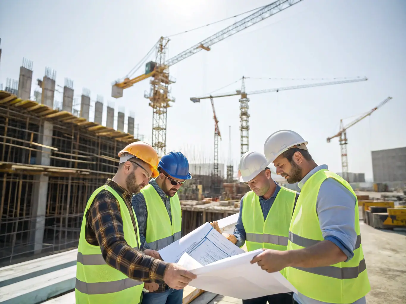 A construction site with workers in hard hats, blueprints spread out on a table, and heavy machinery in the background, symbolizing project planning and execution in the construction industry.