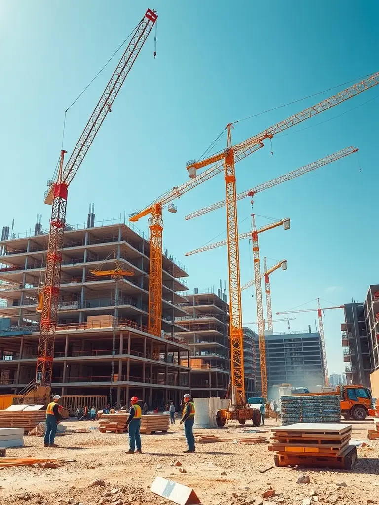 A construction site in a busy urban area, featuring cranes, scaffolding, and construction workers building a modern transportation hub. This image represents Planvist Projects Inc.'s expertise in urban infrastructure construction.