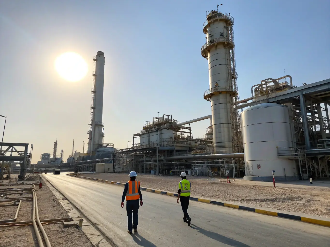 A sprawling oil refinery complex at sunset, showcasing the scale and complexity of projects in the oil and gas industry, emphasizing safety and efficiency.