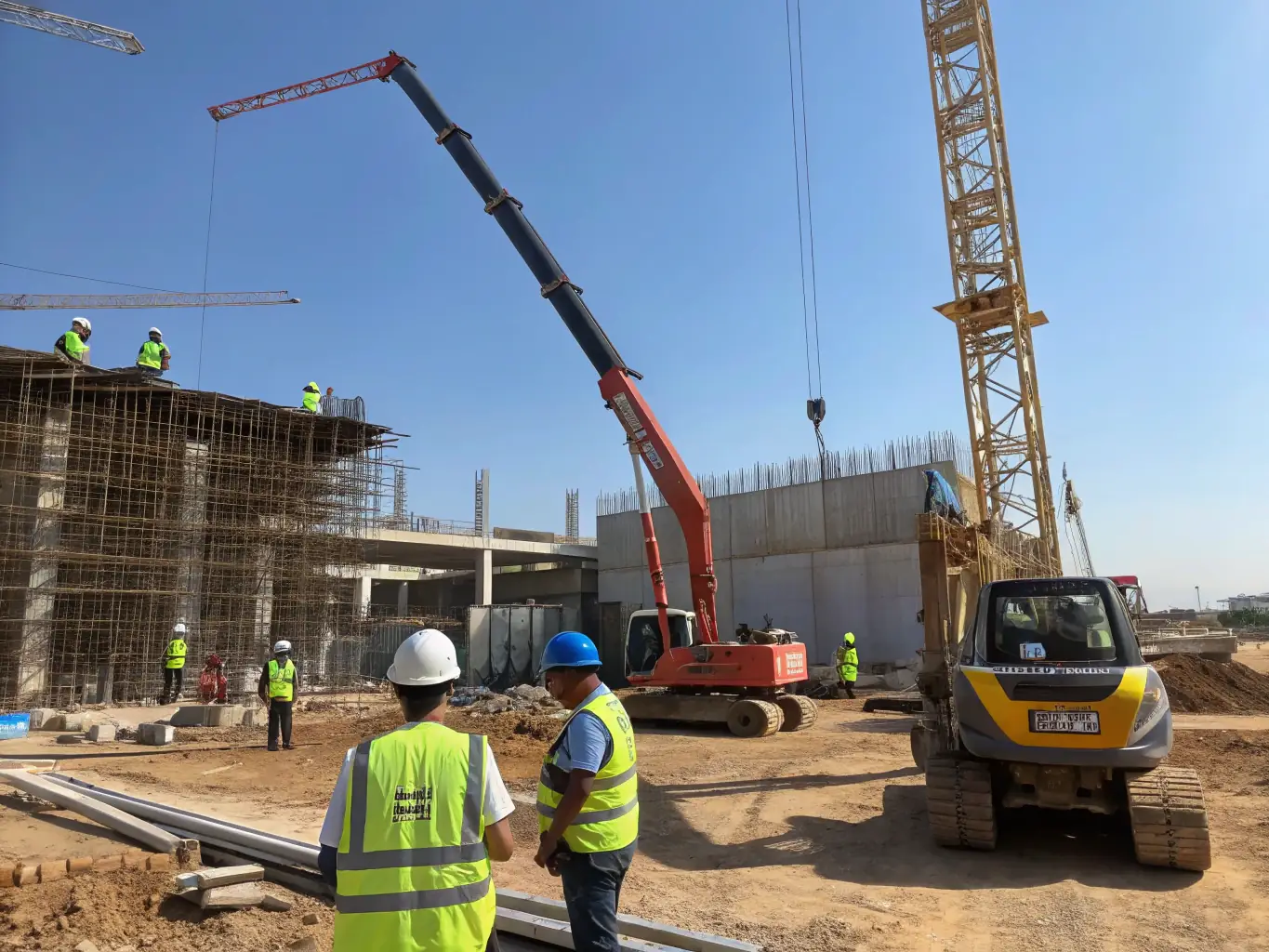 A construction site with workers and heavy machinery, showcasing a well-coordinated project environment.